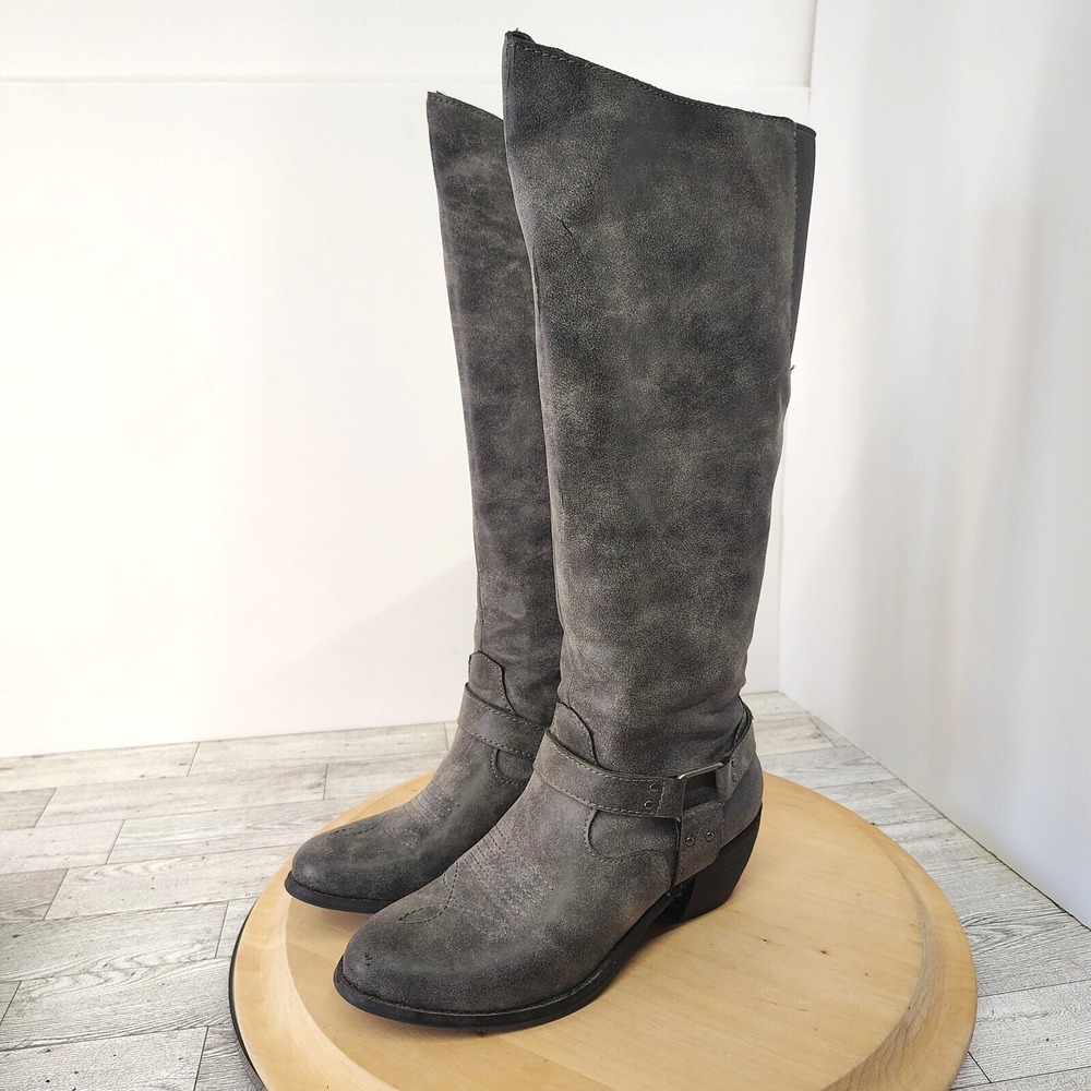 Ruff Hewn Gray Western Knee High Boots Harness Buckle Distressed Womens 6.5M F8